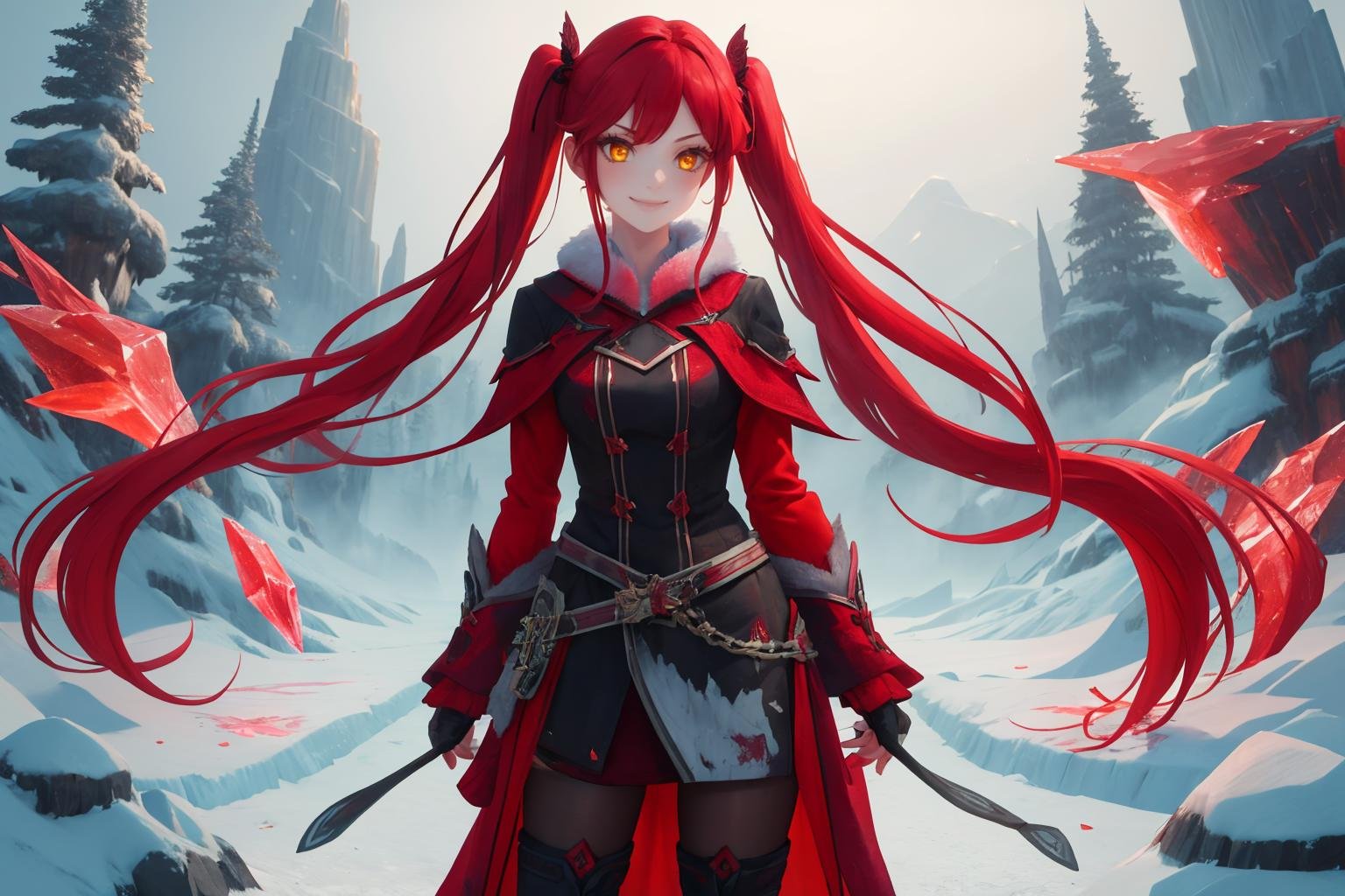 masterpiece, best quality, <lora:redice-concept-richy-v1:1> redice, red theme, 1girl, solo, standing, tundra, frozen, outdoors, red hair, twintails, very long hair, yellow eyes, smile, ice elemental, red glow