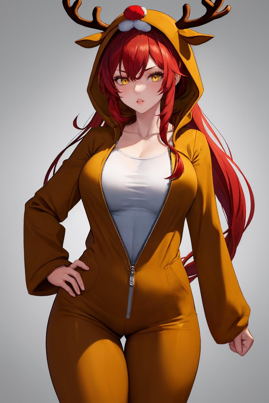 masterpiece, best quality, 1girl, solo, <lora:reindeer-outfit-richy-v1:1> reindeer costume, red hair, twintails, very long hair, mature female, parted lips, yellow eyes, curvy, wide hips, hair through headwear, jumpsuit, 