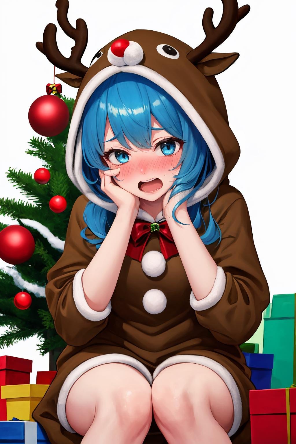 masterpiece, best quality, 1girl, solo, <lora:reindeer-outfit-richy-v1:1> reindeer costume, hood up, sitting, embarrassed, shy, blush, open mouth, hand on own face, blue hair, blue eyes, christmas tree, 