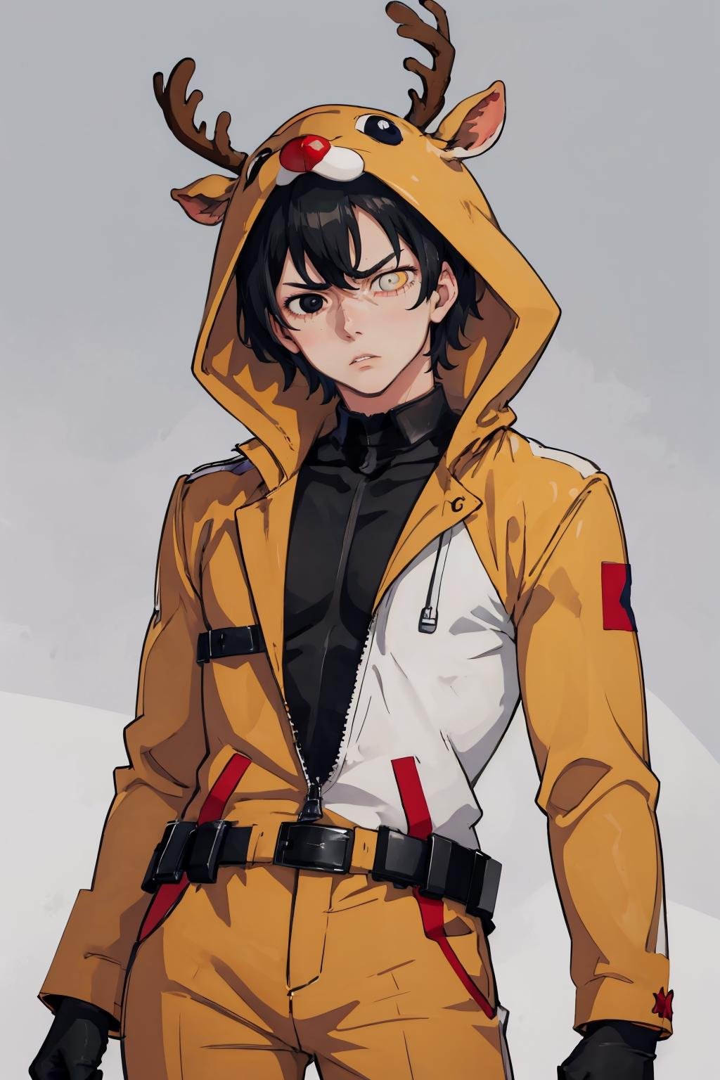 masterpiece, best quality, 1boy, solo, <lora:reindeer-outfit-richy-v1:1> reindeer costume, <lora:oc_justtnp-11:0.7> justtnp, heterochromia, black eyes, white eyes, unamused, parted lips, jumpsuit