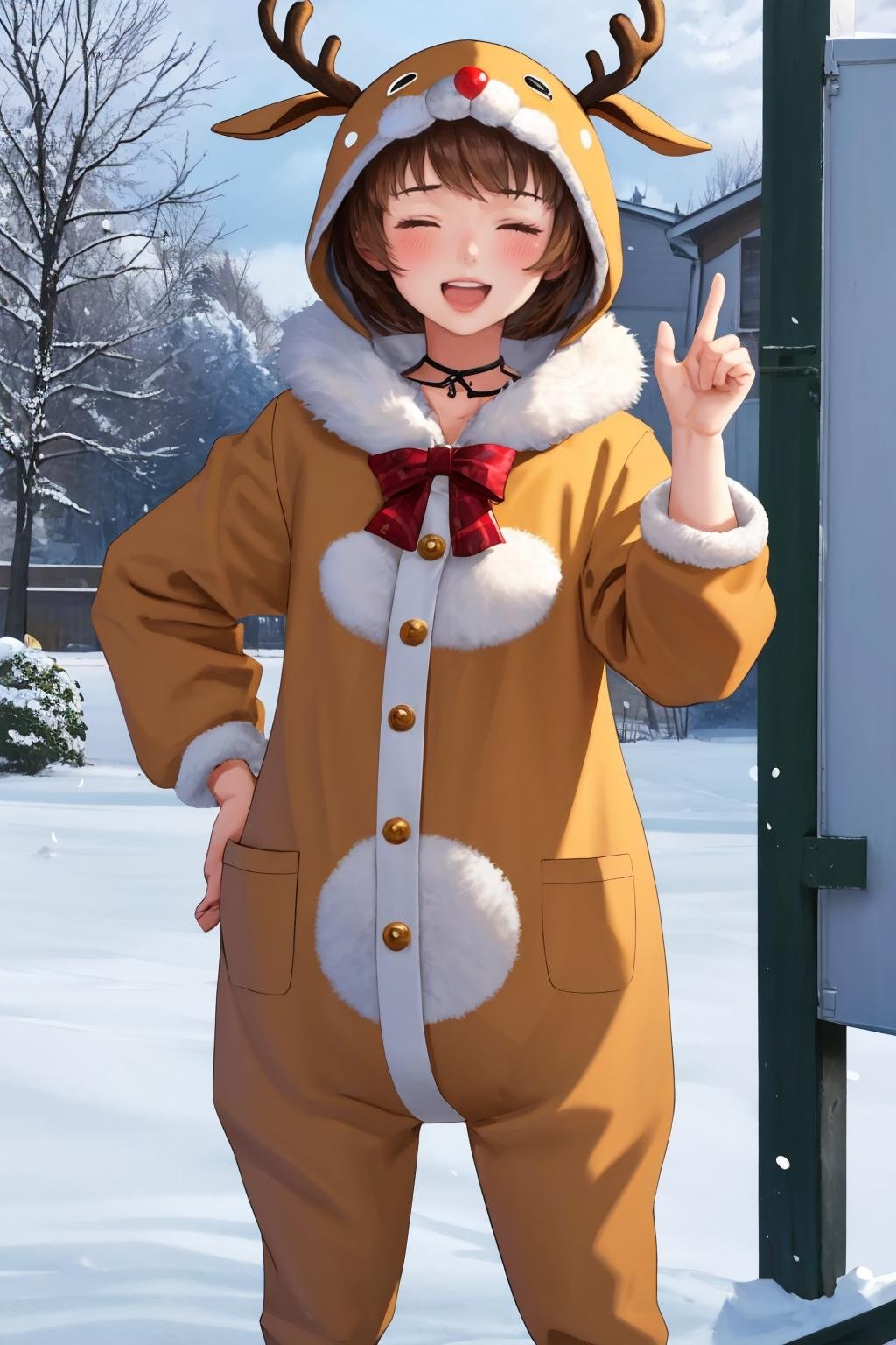 masterpiece, best quality, 1girl, solo, <lora:reindeer-outfit-richy-v1:1> reindeer costume, <lora:zs_Chie:1> chiep4, standing, snow, outdoors, smile, blush, closed eyes, looking at viewer, 