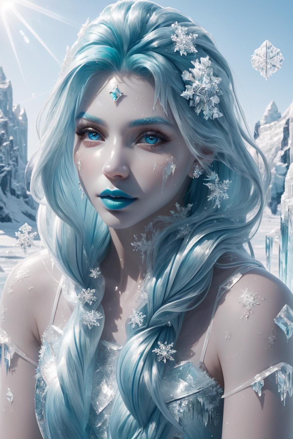 masterpiece, best quality, <lora:frosted-style-richy-v1:1> frostedstyle, 1girl, solo, upper body, sunbeam, parted lips, blue lipstick, aqua hair, white eyes, outdoors, blue sky, sharp appearance, crystalline, frozen, ice