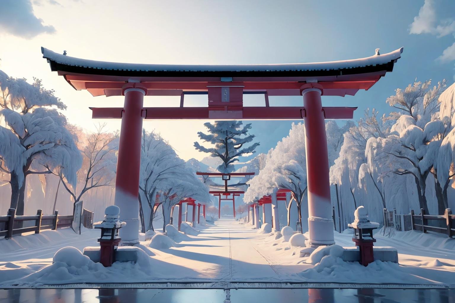 masterpiece, best quality, <lora:snow-style-richy-v1:1> snowstyle, (tree:1.5), (vanishing point:1.2), torii,