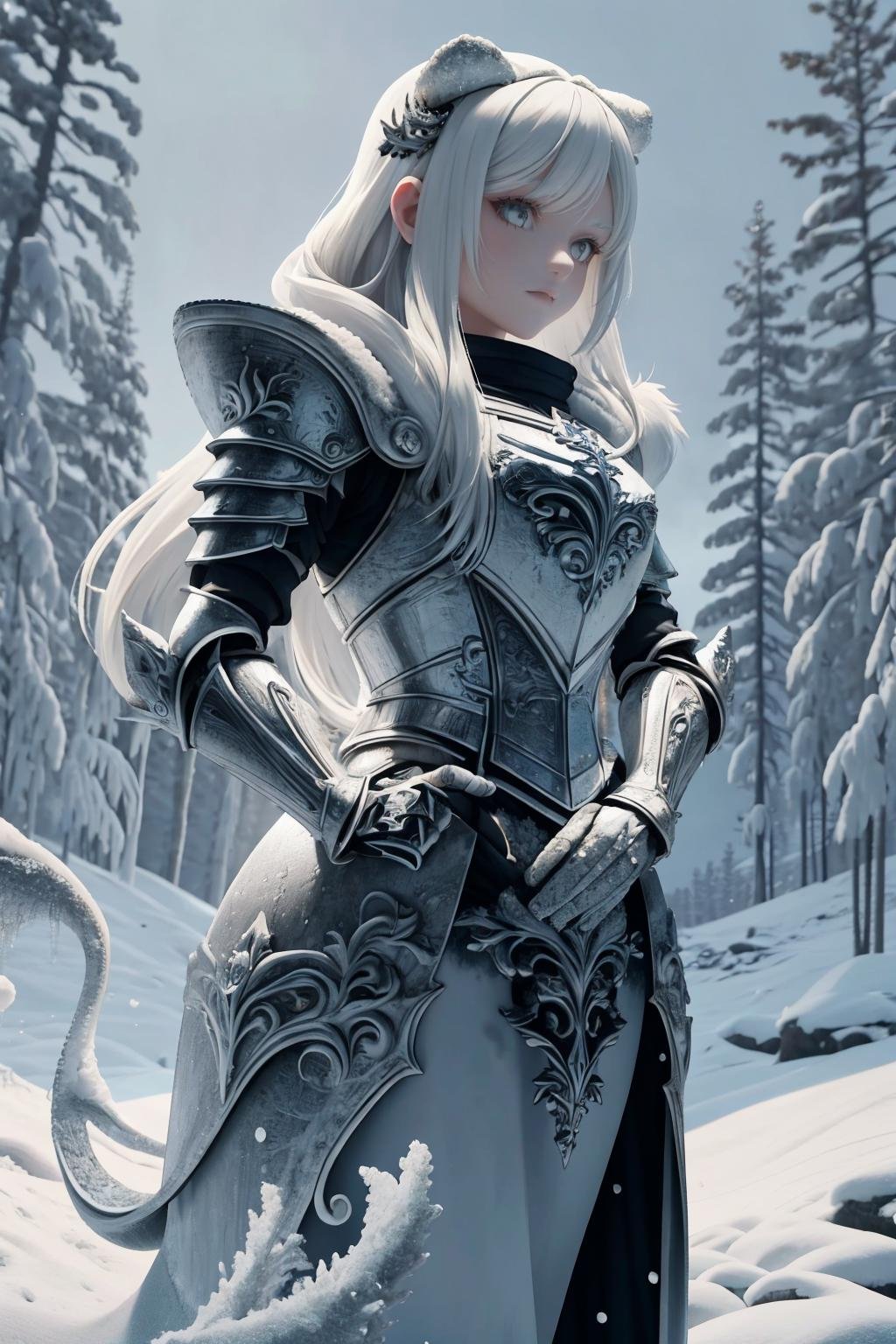 masterpiece, best quality, <lora:snow-style-richy-v1:1> snowstyle, 1girl, solo, standing, armor, tundra, outdoors, winter, snowing, dark, darkness,