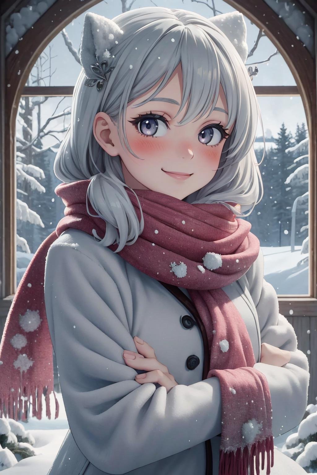 masterpiece, best quality, <lora:snow-style-richy-v1:1> snowstyle, 1girl, solo, overcast, snowing, forest, fantasy, looking at viewer, scarf, smile, blush