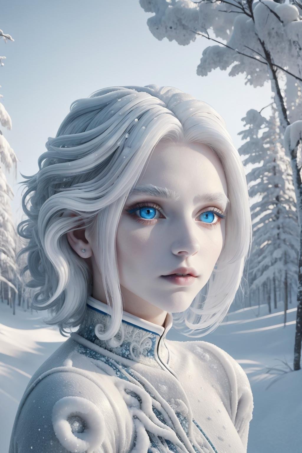 masterpiece, best quality, <lora:snow-style-richy-v1:1> snowstyle, 1girl, solo, upper body, sunbeam, parted lips, white lipstick, white hair, blue eyes, outdoors, blue sky