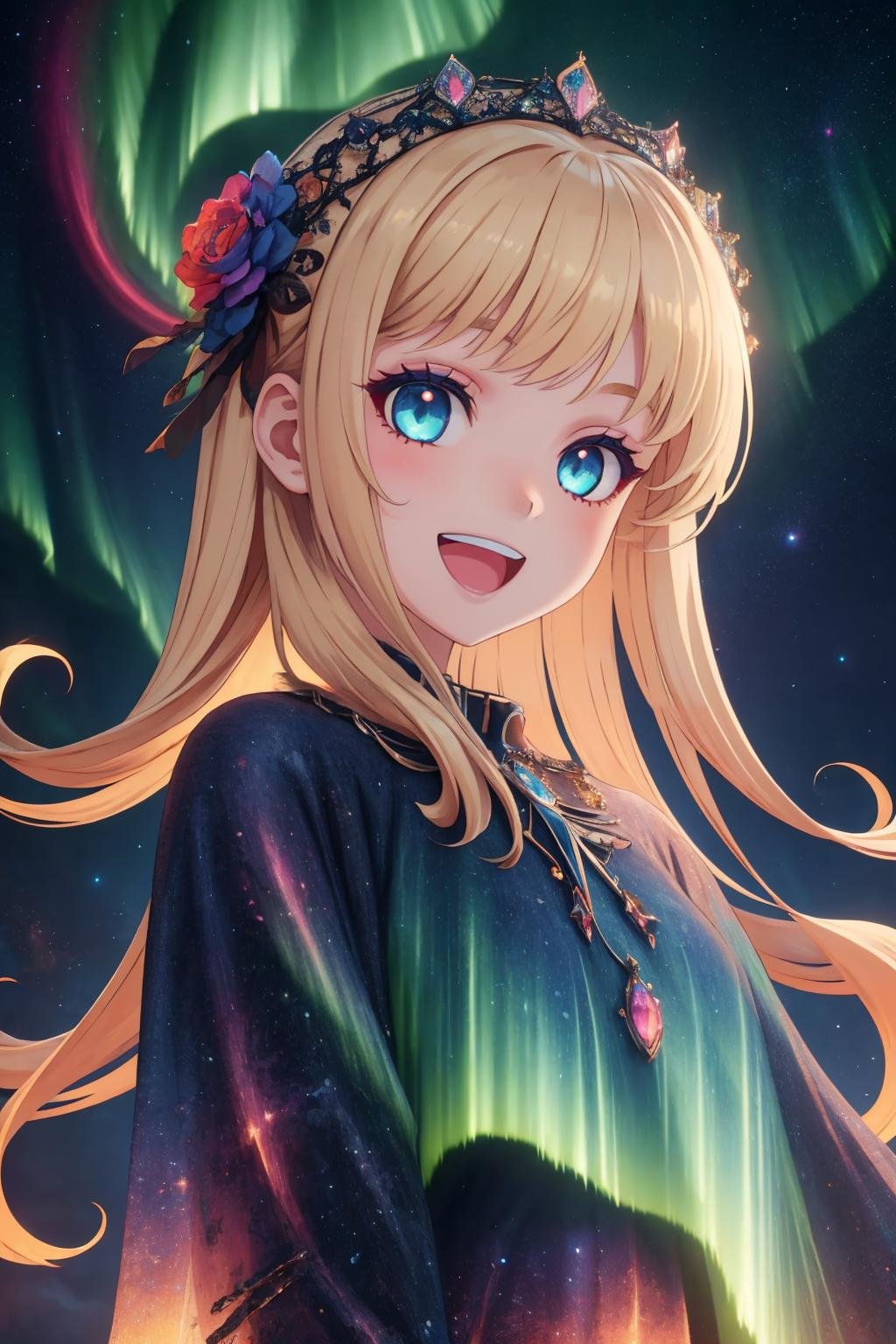 masterpiece, best quality, <lora:aurora-style-richy-v1:1> aurorastyle, 1girl, solo, night sky, darkness, dark, starry sky, + +, starry eyes, close-up, smile, :D