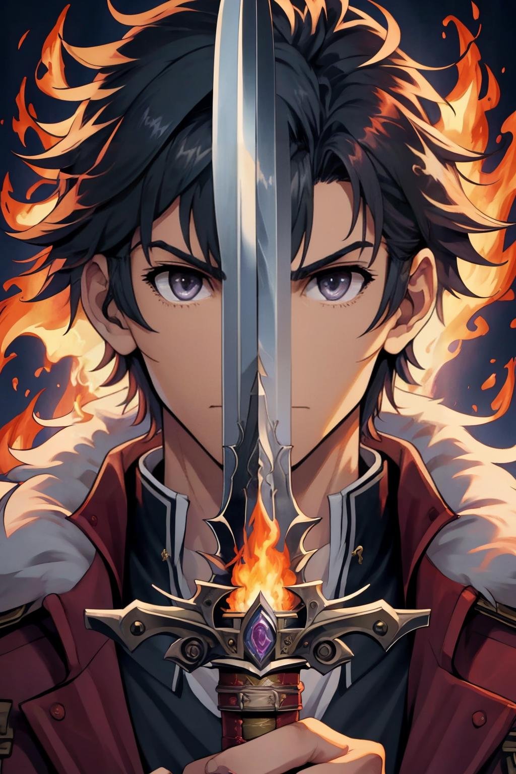 masterpiece, best quality, 1boy, solo, <lora:swordup-pose-richy-v1:1> swordup, looking at viewer, <lora:rean-nvwls-v1:0.8> sen2rean, red coat, fur trim, black shirt, close-up, fire, burning, flames