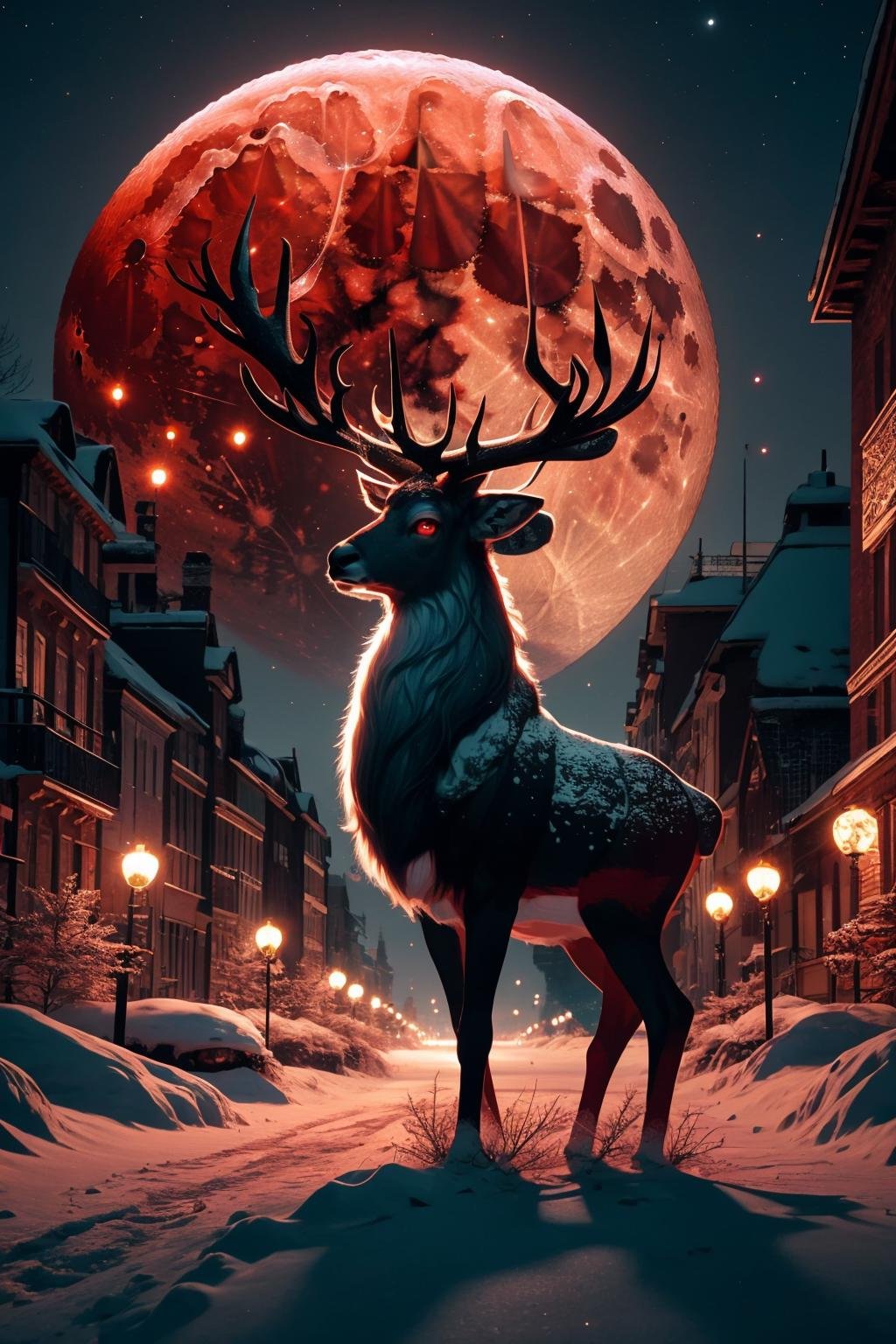 masterpiece, best quality, <lora:redmoonreindeer-concept-richy-v1:0.8> redmoonreindeer, red eyes, reindeer antlers, from side, city, street,