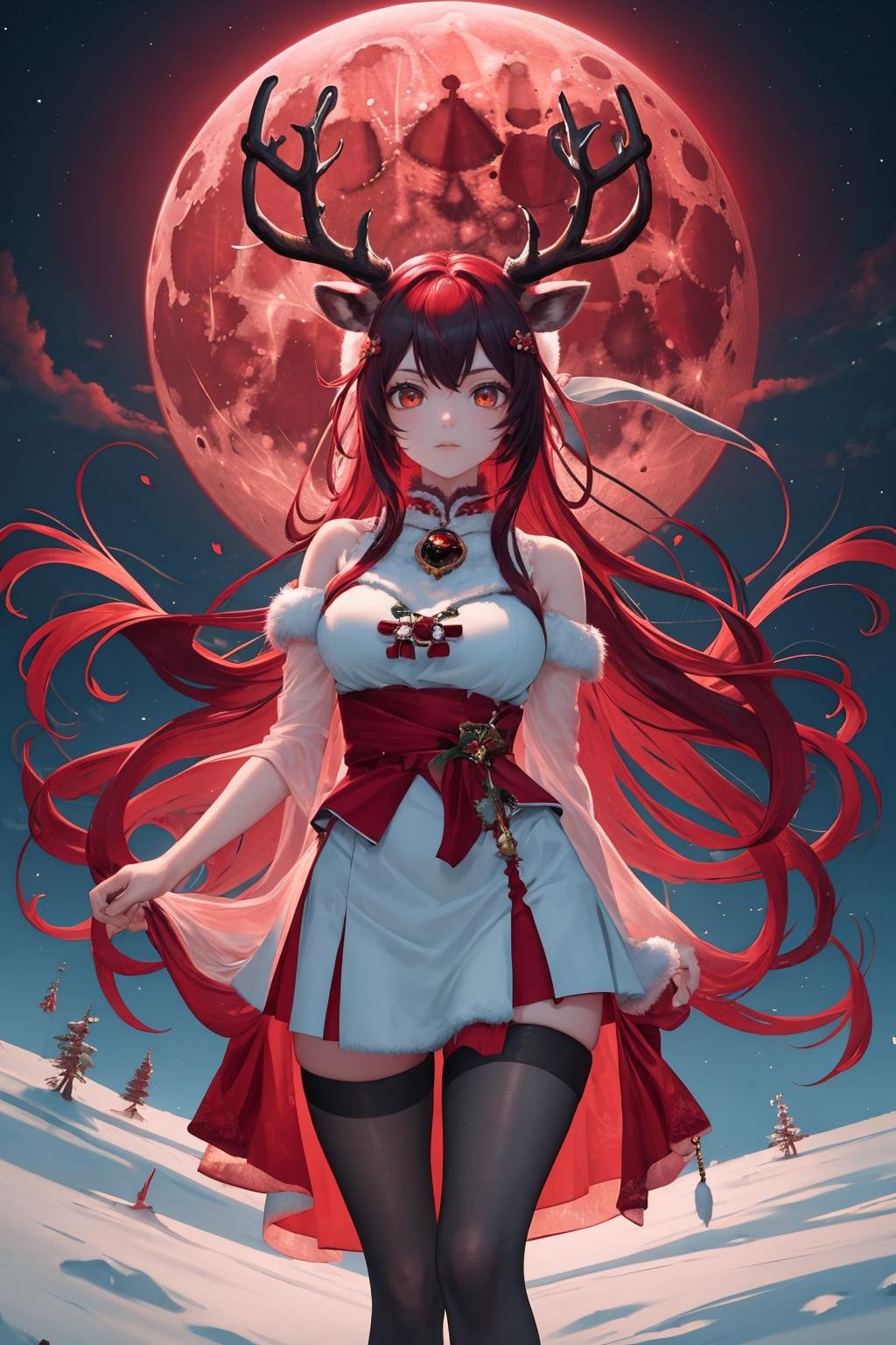 masterpiece, best quality, <lora:redmoonreindeer-concept-richy-v1:0.7> red moon, 1girl, solo, standing, reindeer antlers, redmoonreindeer