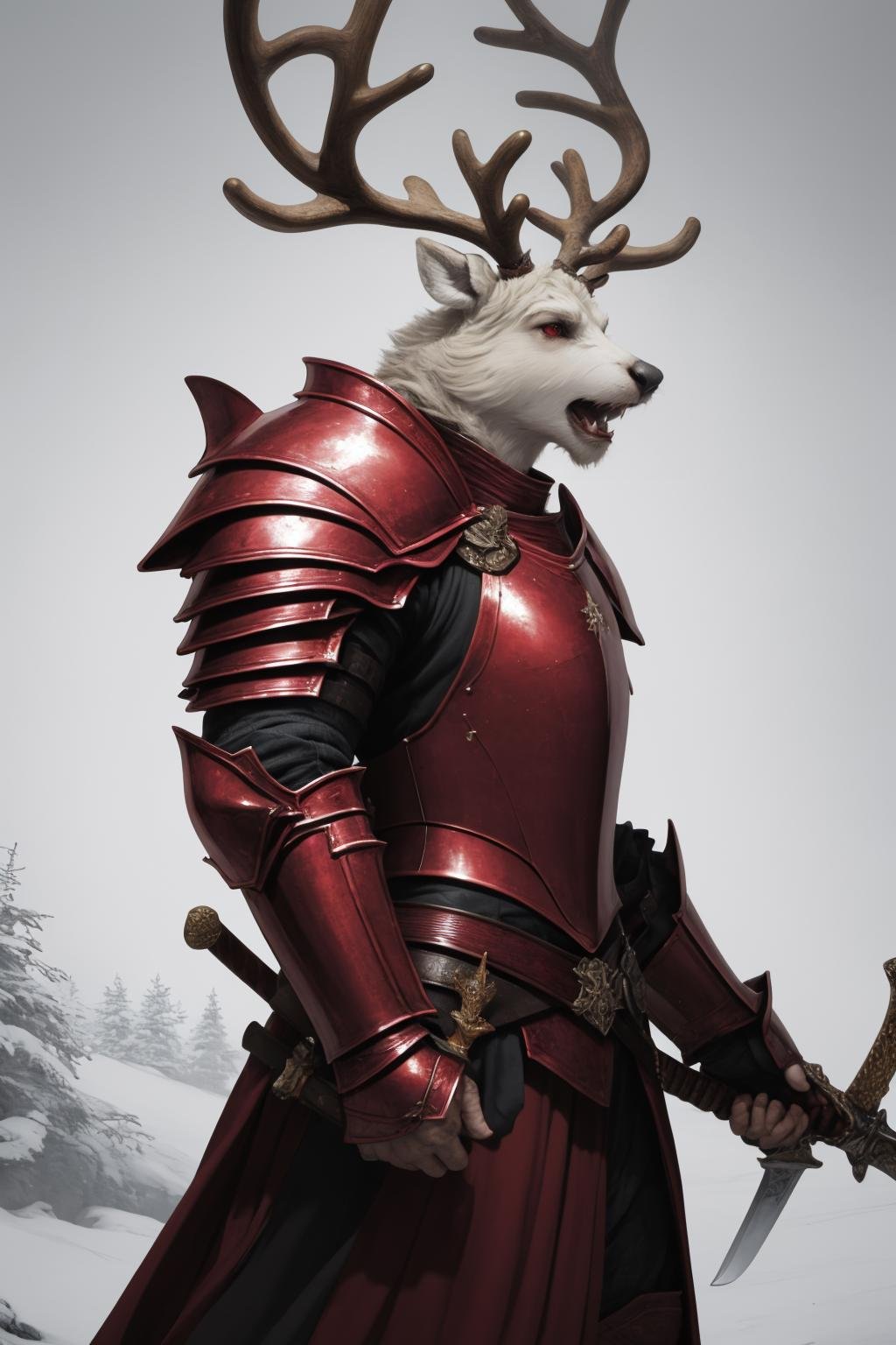 masterpiece, best quality, solo, standing, <lora:reindeerknight-oc-richy-v1:1> reindeerknight, armor, from side, full armor, holding sword, stoic, serene, red theme, angry, mad, looking away, 