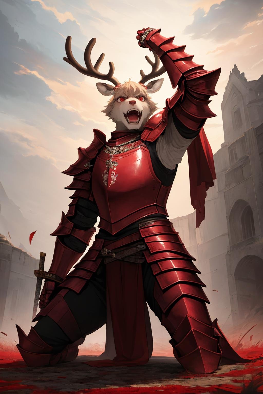 masterpiece, best quality, solo, kneeling, <lora:reindeerknight-oc-richy-v1:1> reindeerknight, armor, shoulder armor, gauntlets, greaves, angry, red eyes, red theme, red sky, darkness, dark, night, night sky, rage, sword, teeth, furry, open mouth, arm up, arm down