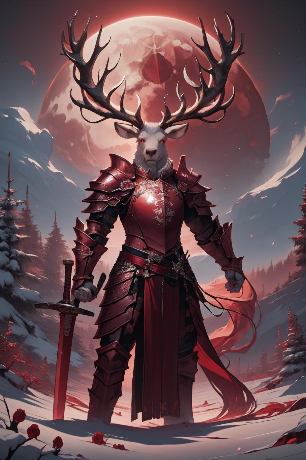 masterpiece, best quality, solo, standing <lora:redmoonreindeer-concept-richy-v1:1> <lora:reindeerknight-oc-richy-v1:1> reindeerknight, armor, shoulder armor, gauntlets, greaves, redmoonreindeer, red theme, red moon, red sky, moon rise, darkness, dark, castle, winter, snow, (red:1.4), night, night sky, starry sky, glowing, (planted sword:1.3), greatsword