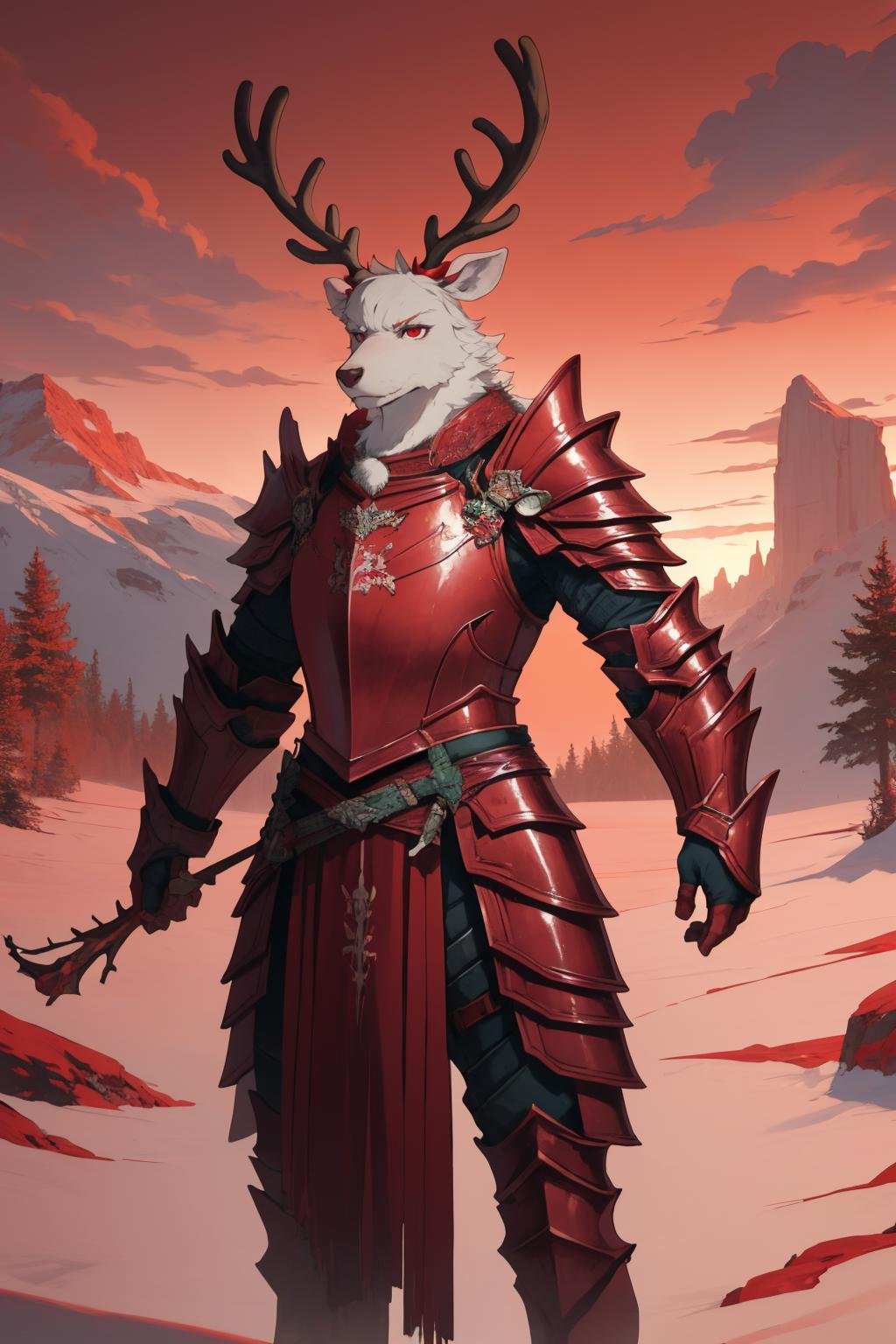 masterpiece, best quality, solo, furry, reindeer antlers, standing, <lora:reindeerknight-oc-richy-v1:1> reindeerknight, armor, full armor, stoic, serene, red theme, angry, mad, looking at viewer, red sky, sunset, red, magical, magic, awesome, scenic, vista, winter, cold, ice, frozen, redice <lora:redice-concept-richy-v1:0.8> 