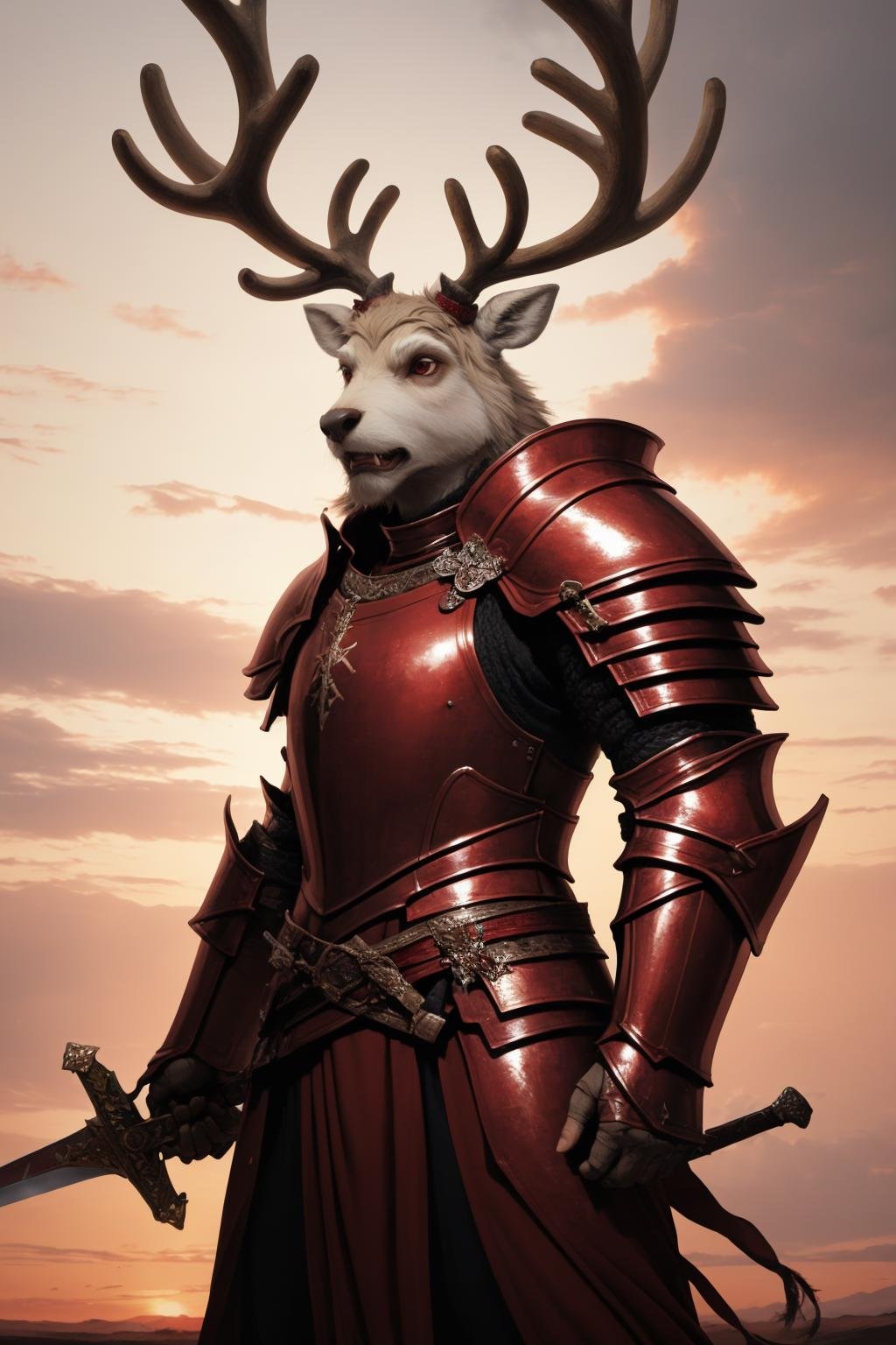 masterpiece, best quality, solo, standing, <lora:reindeerknight-oc-richy-v1:1> reindeerknight, armor, from side, full armor, holding sword, stoic, serene, red theme, angry, mad, looking away, red sky, sunset, red 