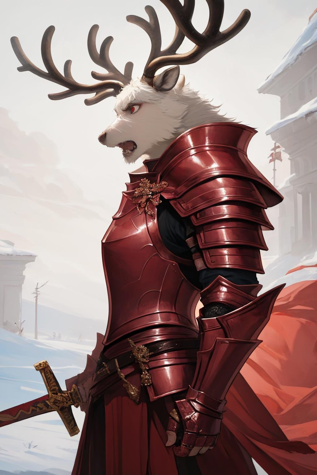 masterpiece, best quality, solo, standing, <lora:reindeerknight-oc-richy-v1:1> reindeerknight, armor, from side, full armor, holding sword, stoic, serene, red theme, angry, mad, looking away, 