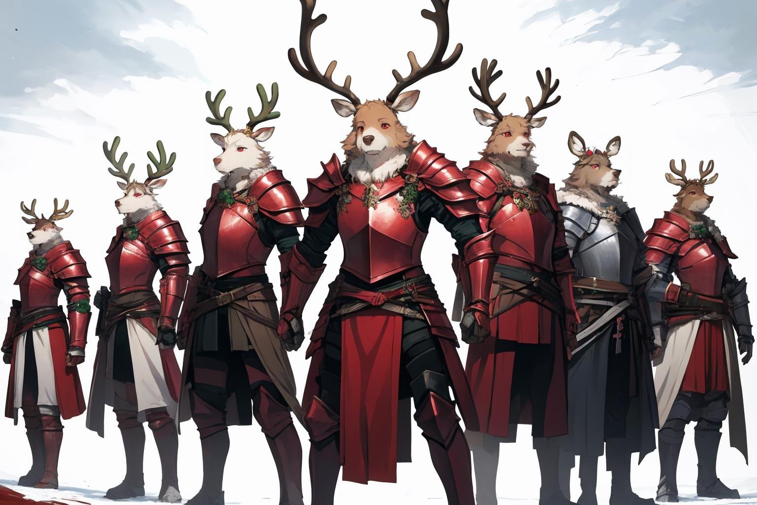 masterpiece, best quality, furry, reindeer antlers, standing, <lora:reindeerknight-oc-richy-v1:1> reindeerknight, multiple others, armor, shoulder armor, gauntlets, greaves, group, army, lineup, red eyes