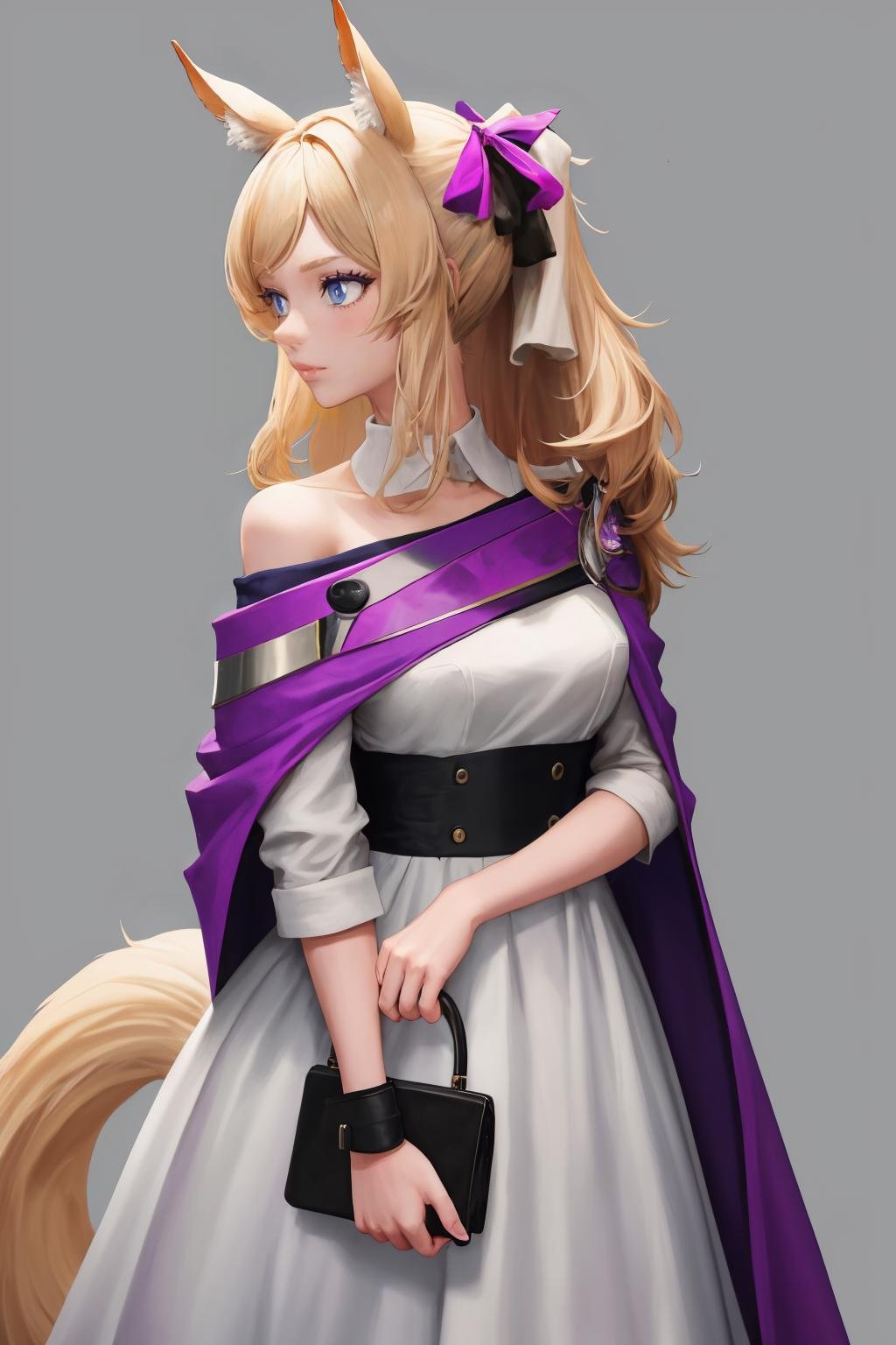 masterpiece, best quality, 1girl, solo, <lora:wishlash-ak-richy-v1:1> whislashglory, ponytail, hairbow, hairclip, purple cape, off shoulder, white dress, horse tail, 