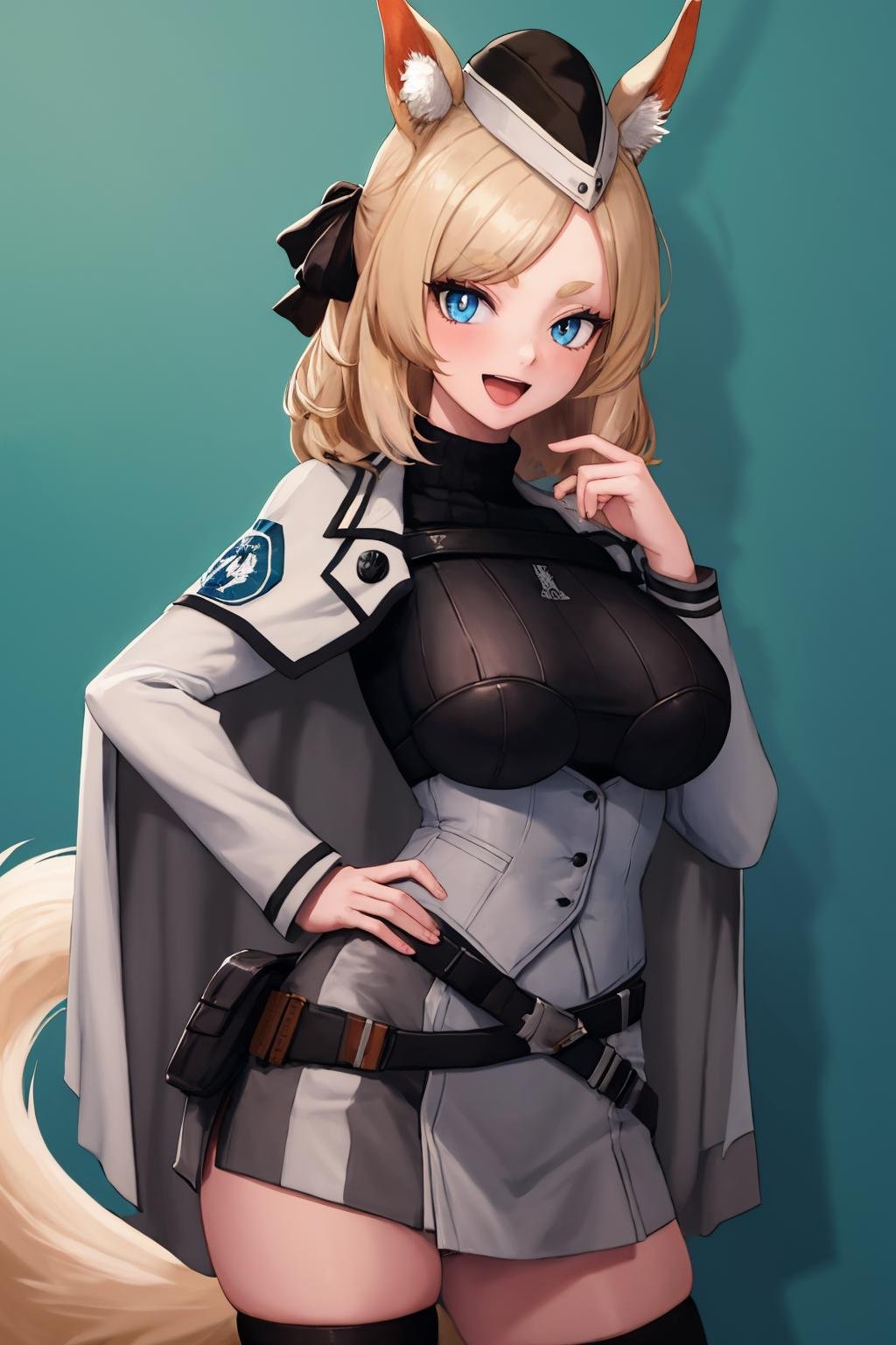 masterpiece, best quality, 1girl, solo, <lora:whislash-ak-richy-v1:1> whislashdef, garrison cap, white cape, turtleneck, thighhighs, horse tail, standing, looking at viewer, :D, hand on hip, arm at side