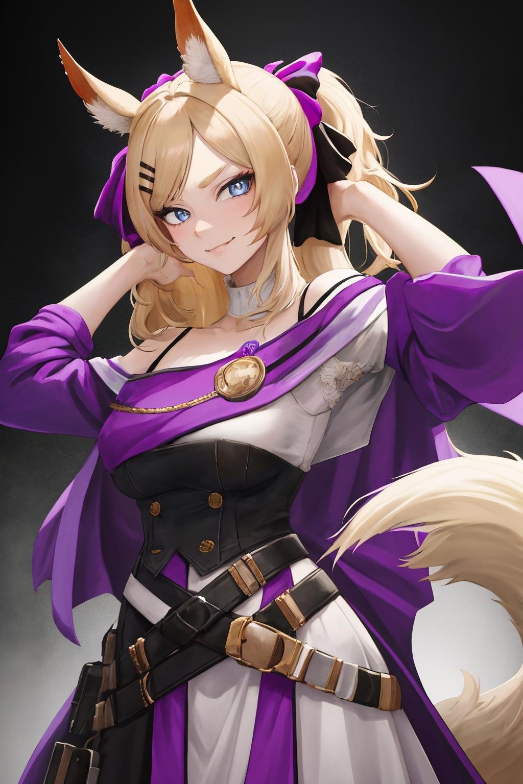 masterpiece, best quality, 1girl, solo, <lora:wishlash-ak-richy-v1:1> standing, whislashglory, ponytail, hairbow, hairclip, purple cape, off shoulder, looking at viewer, smirk, white dress, horse tail, arms up, 