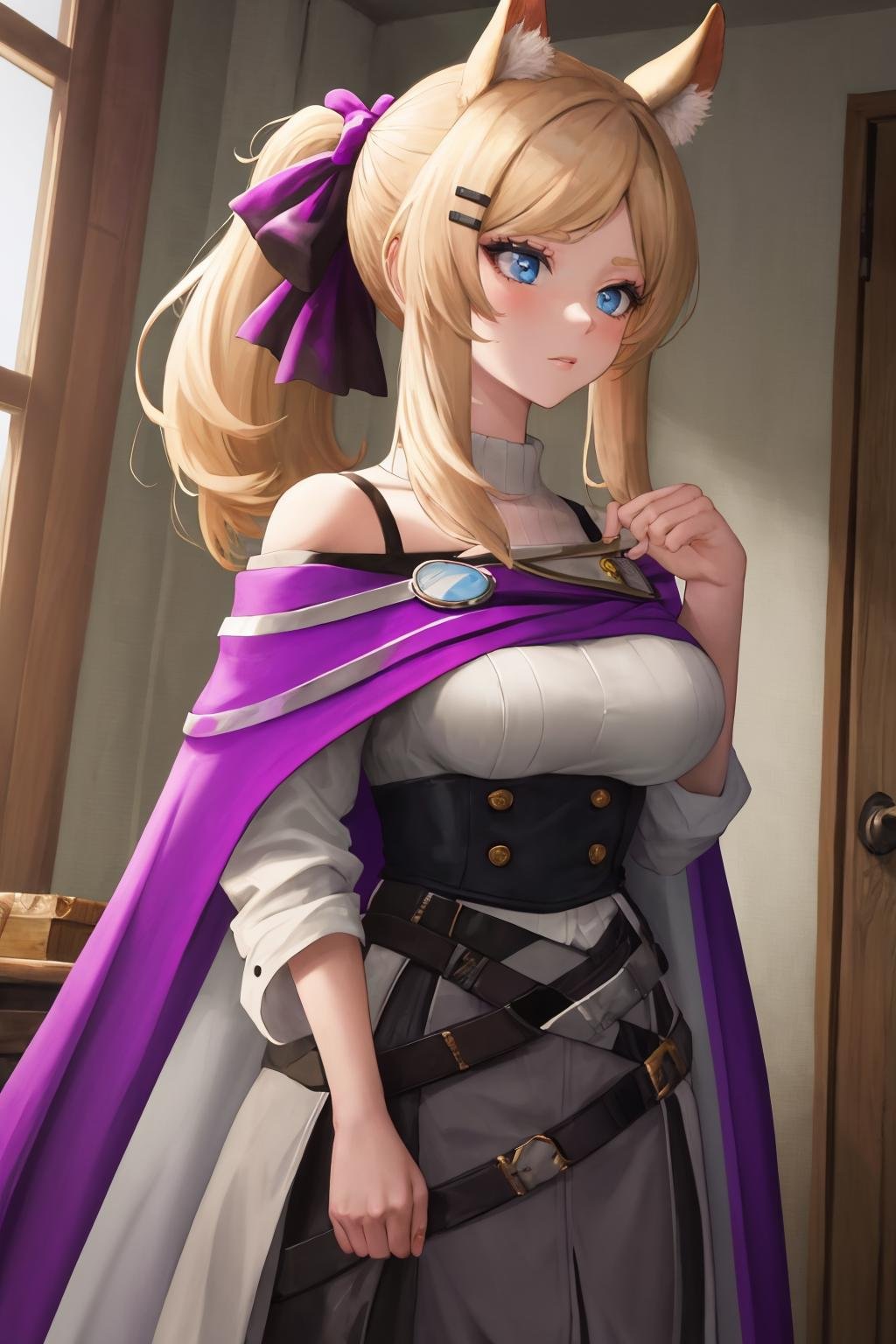 masterpiece, best quality, 1girl, solo, <lora:wishlash-ak-richy-v1:1> standing, whislashglory, ponytail, hairbow, hairclip, purple cape, off shoulder