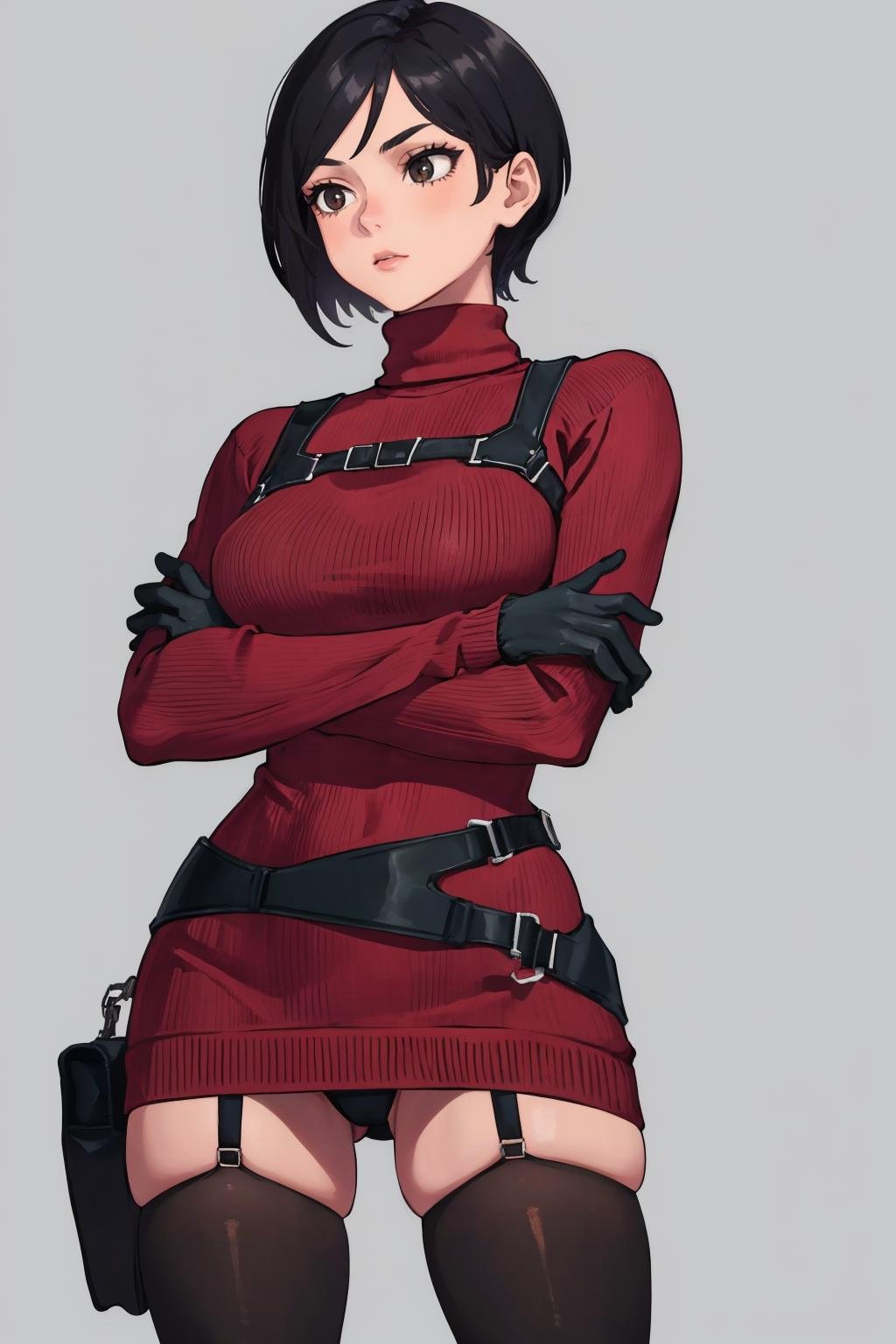 masterpiece, best quality, 1girl, solo, <lora:adawong-re-richy-v1:1> standing, adasweater, red sweater, turtleneck, harness, pantyhose, thighhighs, crossed arms, black gloves