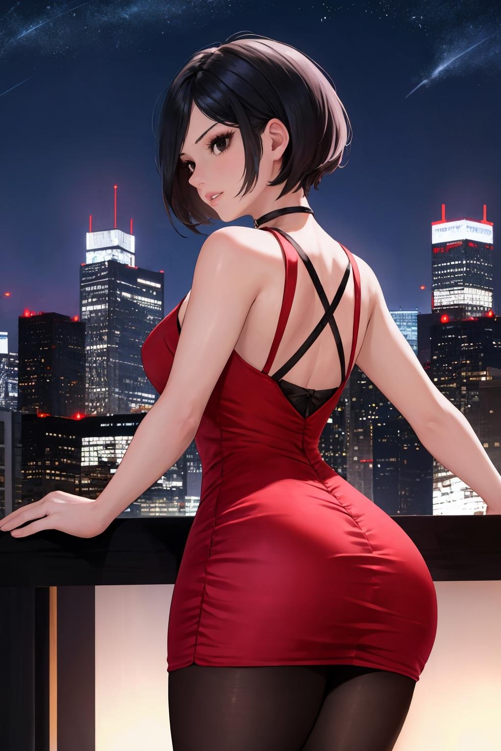 masterpiece, best quality, 1girl, solo, <lora:adawong-re-richy-v1:1> standing, adadress, red dress, short dress, sleeveless dress, choker, pantyhose, night, night sky, dark, darkness, looking back, from behind, ass, parted lips, city, black eyes