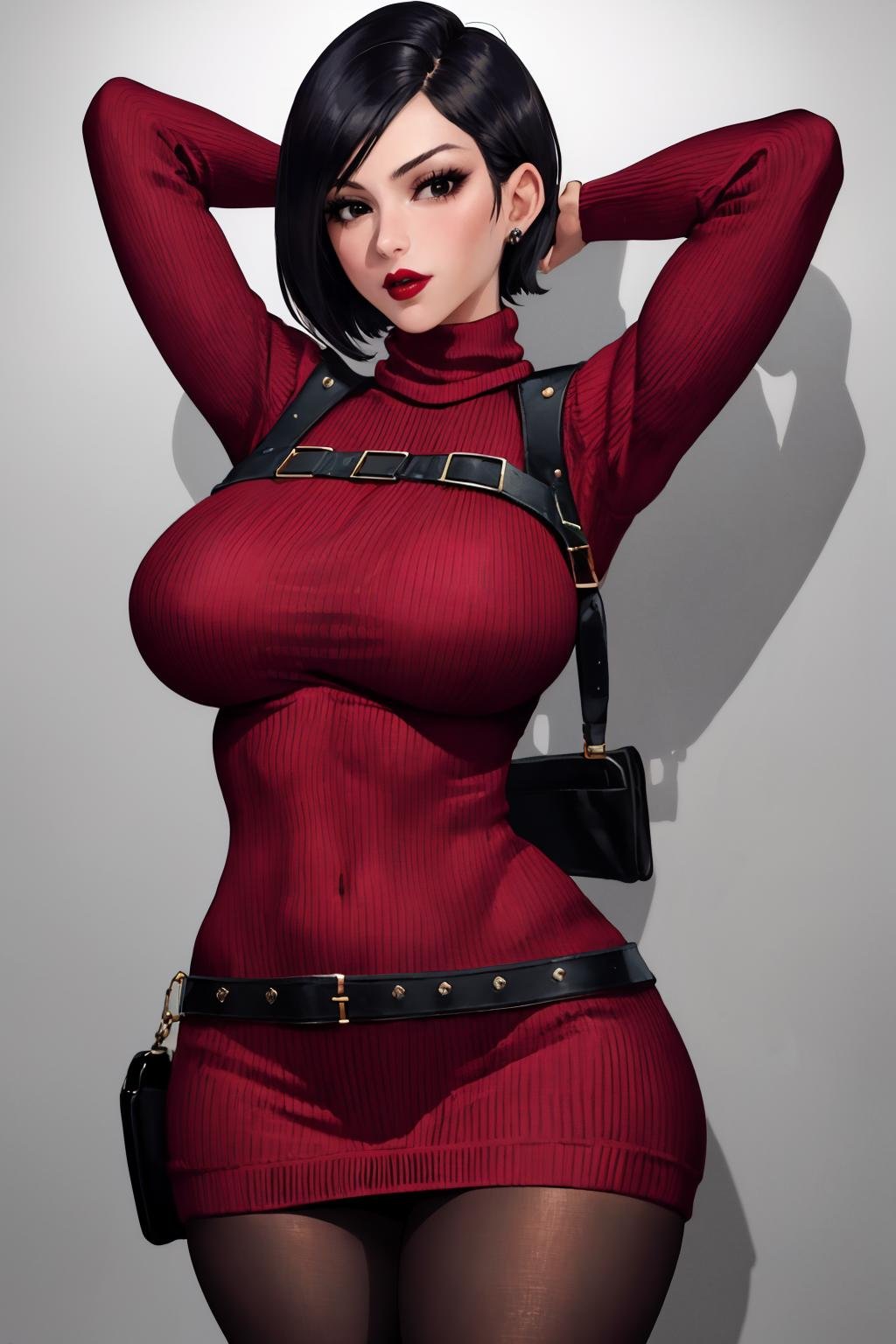 masterpiece, best quality, 1girl, solo, <lora:adawong-re-richy-v1:1> standing, adasweater, red sweater, sweater dress, turtleneck, harness, pantyhose, black eyes, looking at viewer, arms behind head, large breasts, parted lips, red lips, lipstick, holster, belt, mature female