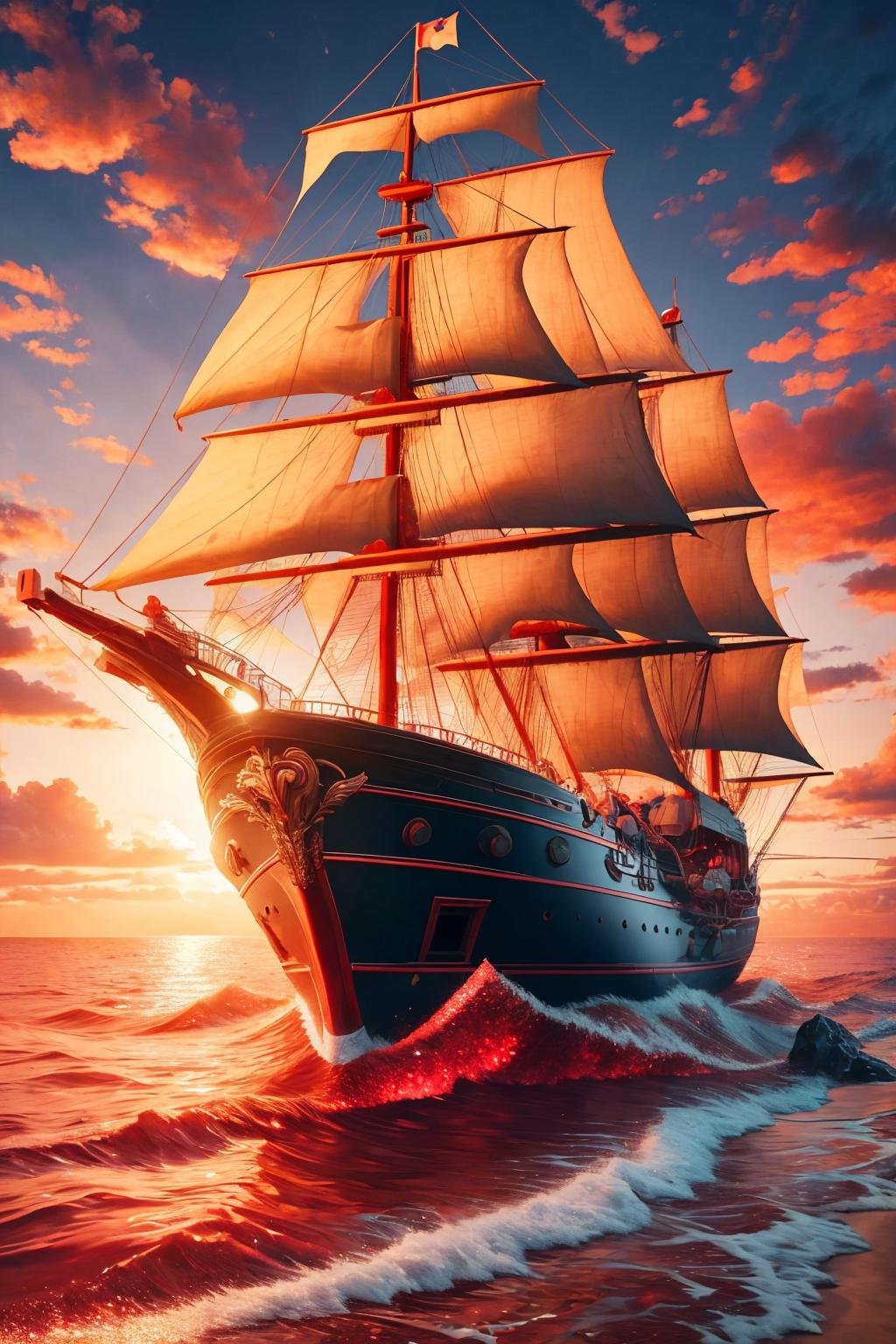 masterpiece, best quality, <lora:redglitter-style-richy-v1:1> redglitterstyle, ship, ocean, water, red theme, sunset, sailing ship, pirate ship, red sails
