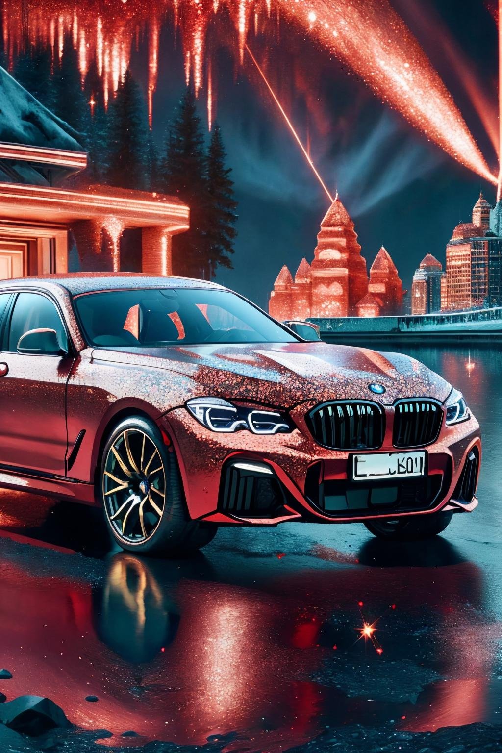 masterpiece, best quality, <lora:redglitter-style-richy-v1:1.4> redglitterstyle, red car, bmw