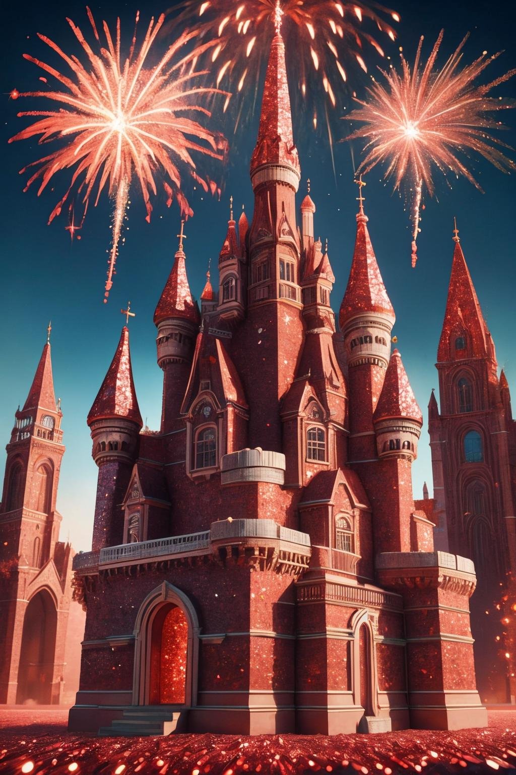 masterpiece, best quality, <lora:redglitter-style-richy-v1:1> redglitterstyle, castle, fantasy, fireworks, no humans, still life, architecture, 