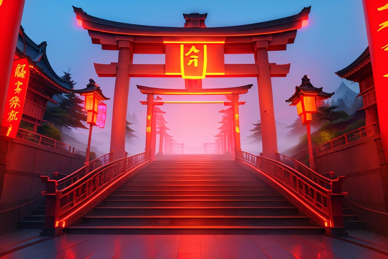 masterpiece, best quality, <lora:redneon-style-richy-v1:1> redneonstyle, glowing, red theme, neon trim, torii, stairs, east asian architecture, wide shot, distant, fog, foggy, vista, scenery, shrine