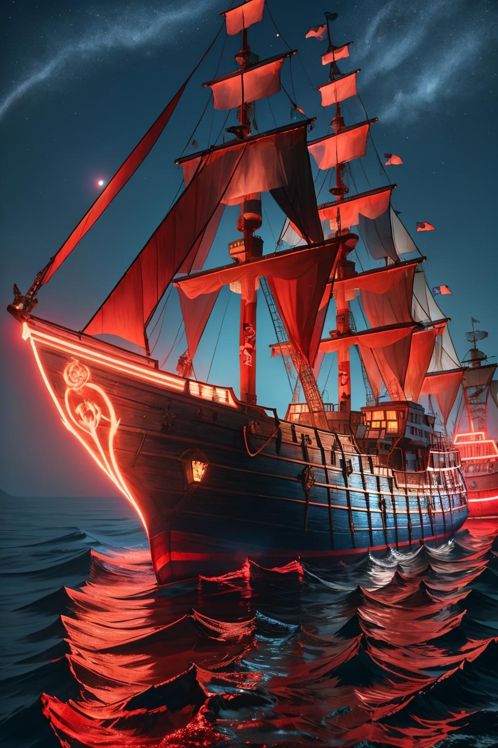 masterpiece, best quality, <lora:redneon-style-richy-v1:1> redneonstyle, glowing, ship, pirate ship, boat, ocean, night, night sky, dark, darkness, red theme