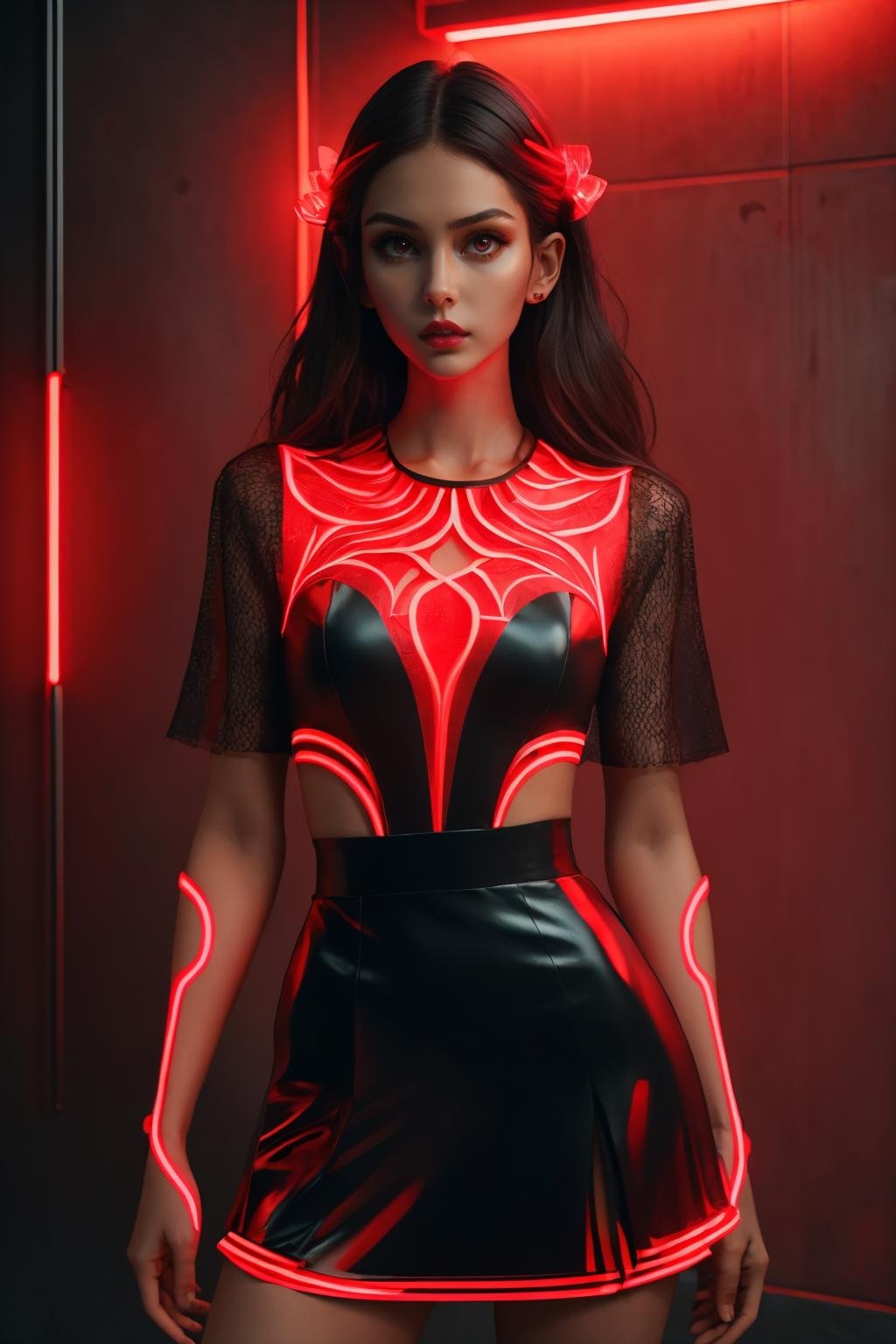 masterpiece, best quality, <lora:redneon-style-richy-v1:1> redneonstyle, glowing, red theme, neon trim, 1girl, solo, standing, looking at viewer, parted lips, 