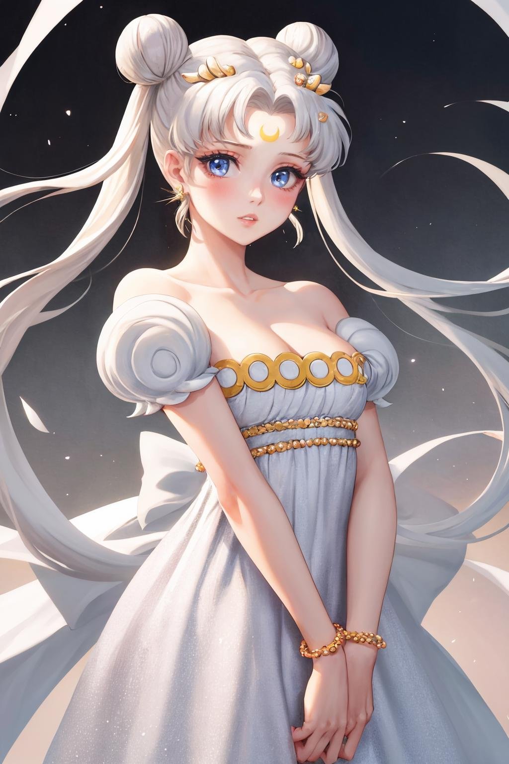 masterpiece, best quality, 1girl, solo, <lora:princessserenity-sm-richy-v1:1> princessserenity, white hair, hair ornament, forehead mark, earrings, white dress, standing, parted lips, blush, looking at viewer, arms at sides, bead bracelet, 