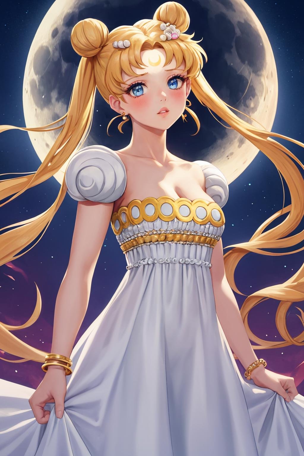 masterpiece, best quality, 1girl, solo, <lora:princessserenity-sm-richy-v1:1> princessserenity, blonde hair, hair ornament, forehead mark, earrings, white dress, standing, parted lips, blush, looking at viewer, arms at sides, bead bracelet, moon, full moon, night, night sky, dark, darkness, 