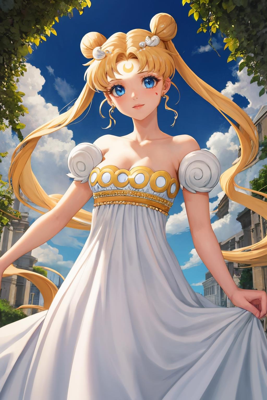 masterpiece, best quality, 1girl, solo, <lora:princessserenity-sm-richy-v1:1> princessserenity, blonde hair, hair ornament, forehead mark, white dress