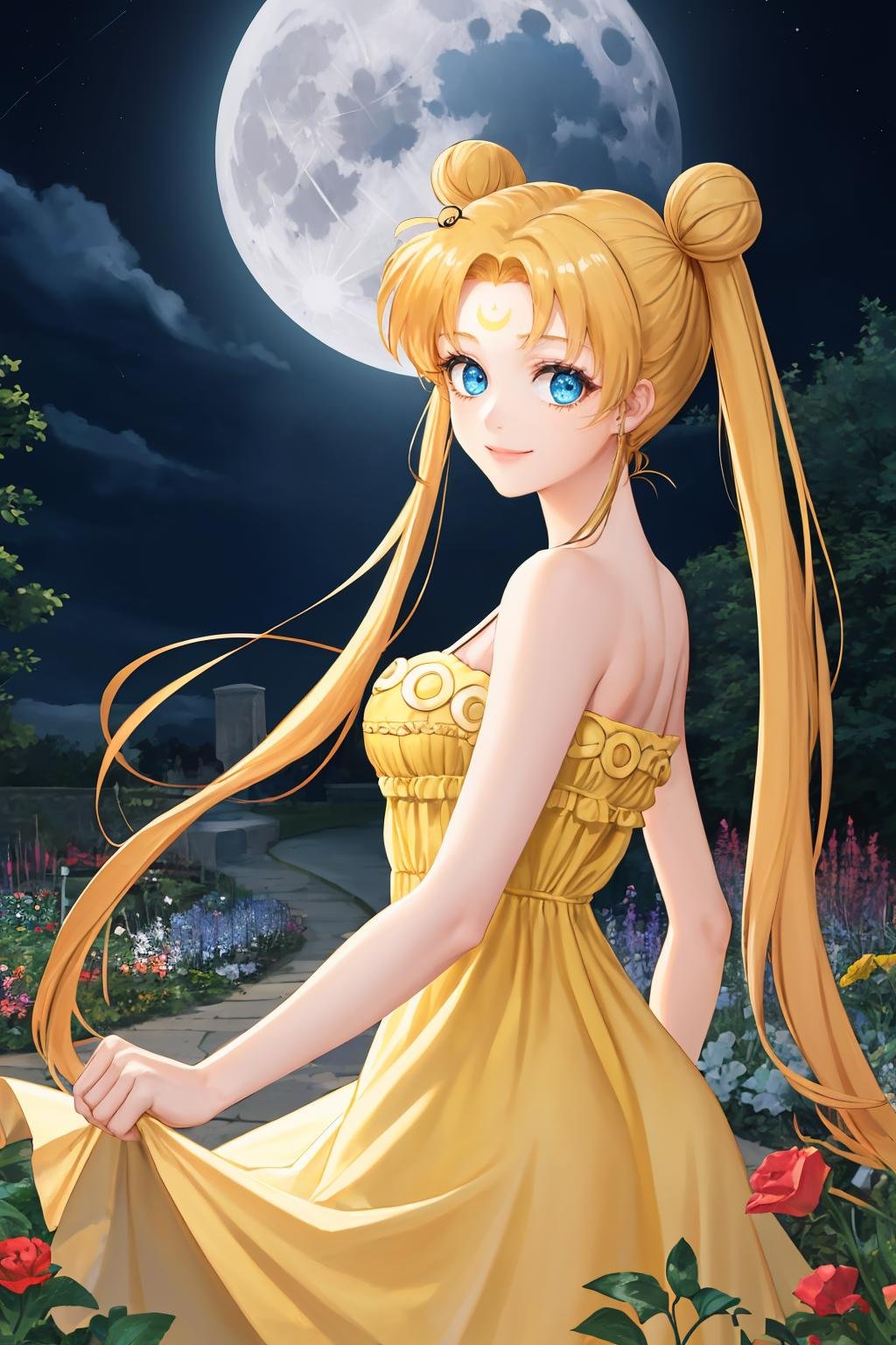 masterpiece, best quality, 1girl, solo, <lora:princessserenity-sm-richy-v1:1> princessserenity, blonde hair, looking back, smile, (yellow sundress:1.4), garden, moon, full moon, dark, darkness, night sky, night, blue eyes, forehead mark