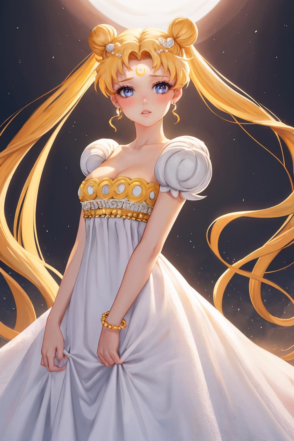 masterpiece, best quality, 1girl, solo, <lora:princessserenity-sm-richy-v1:1> princessserenity, blonde hair, hair ornament, forehead mark, earrings, white dress, standing, parted lips, blush, looking at viewer, arms at sides, bead bracelet, 