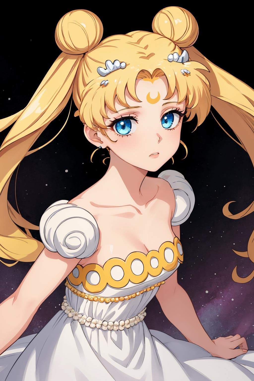 masterpiece, best quality, 1girl, solo, <lora:princessserenity-sm-richy-v1:1> princessserenity, blonde hair, hair ornament, forehead mark, white dress