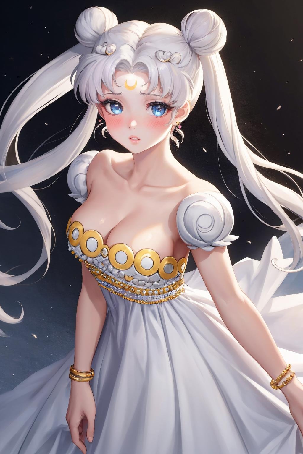 masterpiece, best quality, 1girl, solo, <lora:princessserenity-sm-richy-v1:1> princessserenity, white hair, hair ornament, forehead mark, earrings, white dress, standing, parted lips, blush, looking at viewer, arms at sides, bead bracelet, 