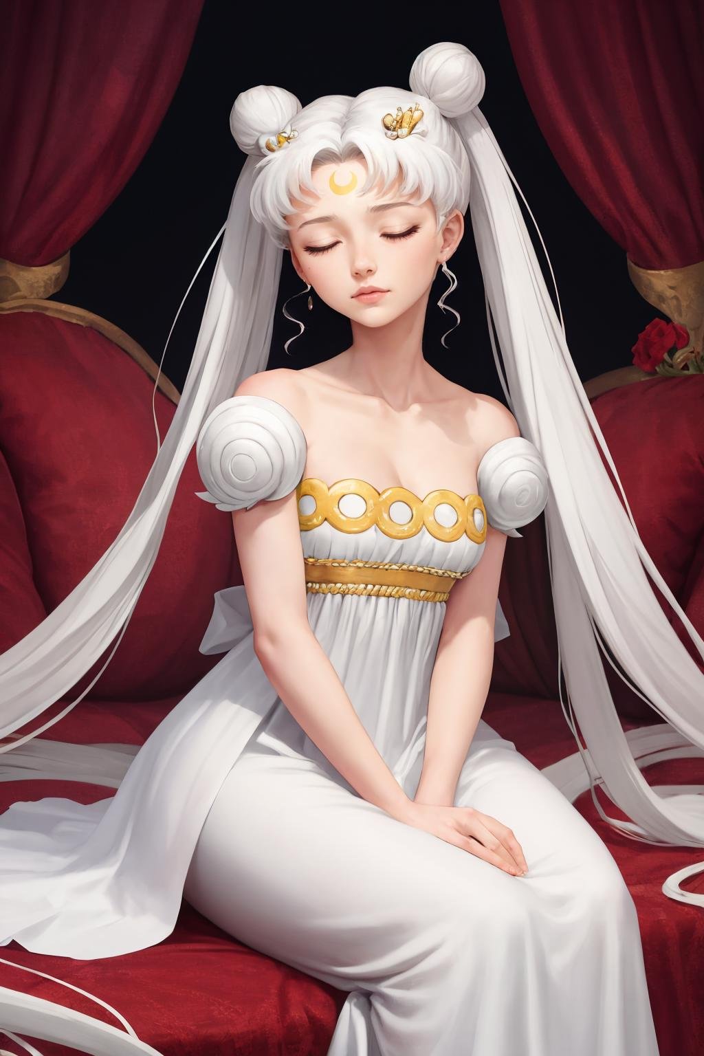 masterpiece, best quality, 1girl, solo, <lora:princessserenity-sm-richy-v1:1> princessserenity, white hair, hair ornament, forehead mark, white dress, sitting, closed eyes