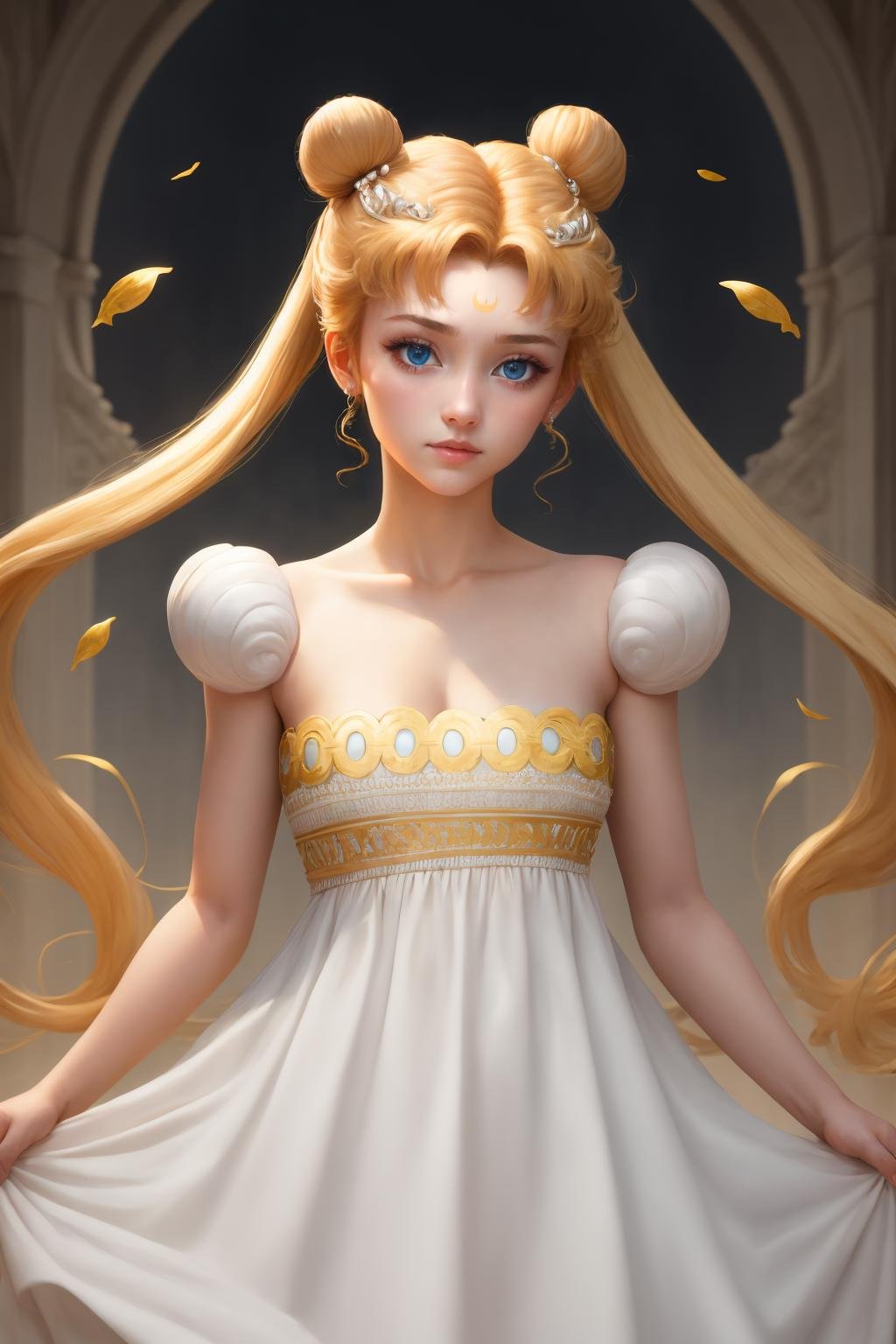 masterpiece, best quality, 1girl, solo, <lora:princessserenity-sm-richy-v1:1> princessserenity, blonde hair, hair ornament, forehead mark, white dress