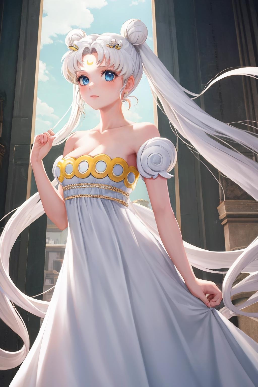 masterpiece, best quality, 1girl, solo, <lora:princessserenity-sm-richy-v1:1> princessserenity, white hair, hair ornament, forehead mark, white dress, standing, very long hair