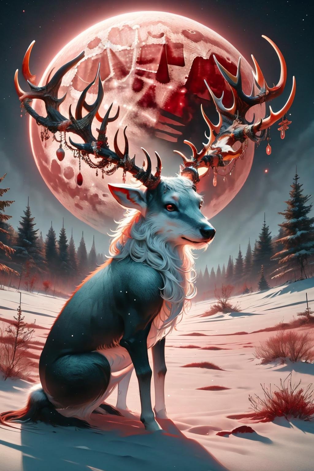 masterpiece, best quality, <lora:paganantler-style-richy-v1:1> antlerstyle, 1boy, solo, <lora:redmoonreindeer-concept-richy-v1:1> redmoonreindeer, red theme, winter