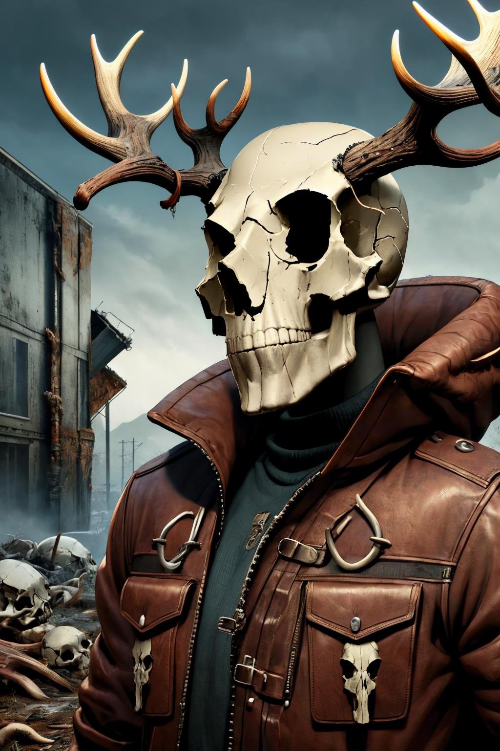 masterpiece, best quality, <lora:paganantler-style-richy-v1:1> antlerstyle, skull, skull mask, robot, science fiction, wasteland, solo, post-apocalypse, duster, 1boy, solo, male focus
