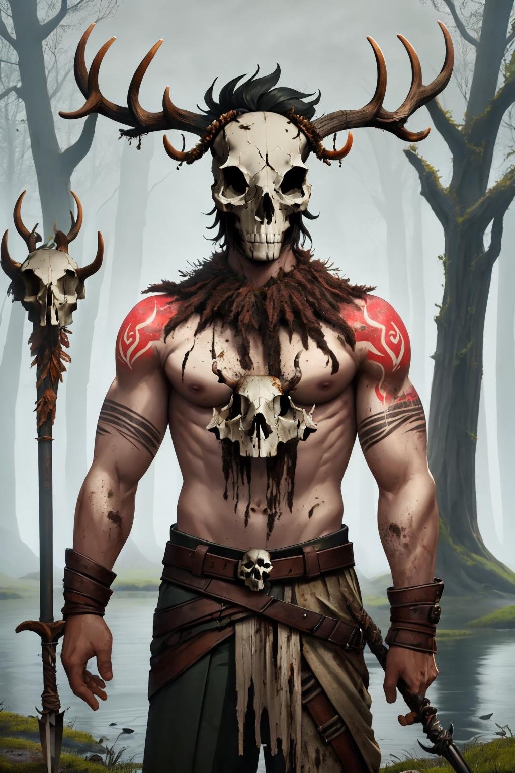 masterpiece, best quality, <lora:paganantler-style-richy-v1:1> antlerstyle, skull, skull mask, 1boy, male focus, standing, outdoors, bare trees, tribal tattoo, fire, dirt, mud, smoke, swamp, weapon, spear, wooden