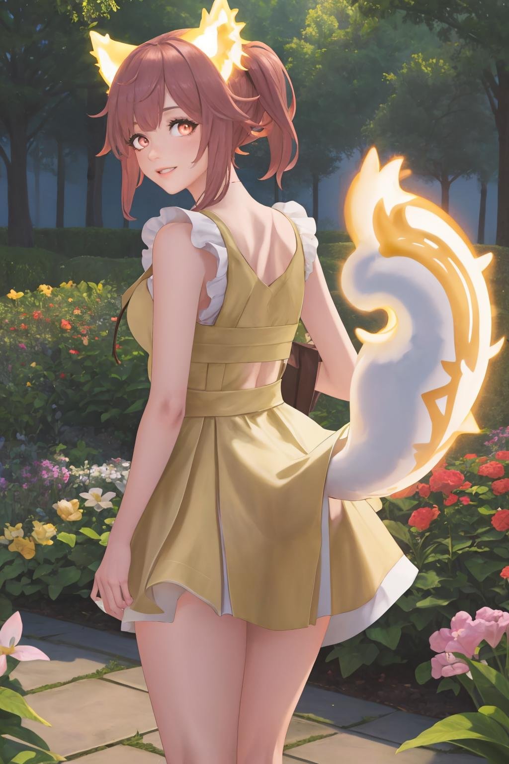 masterpiece, best quality, 1girl, solo, standing, <lora:ratatoskr-fe-richy-v1:1> ratatoskr, animal ears,<lora:TailsFixer:1> tail, IncrsTailsFixer, fox tail, pink eyes, (yellow sundress:1.4), garden, from behind, looking back, parted lips, smile, arms at sides, from behind