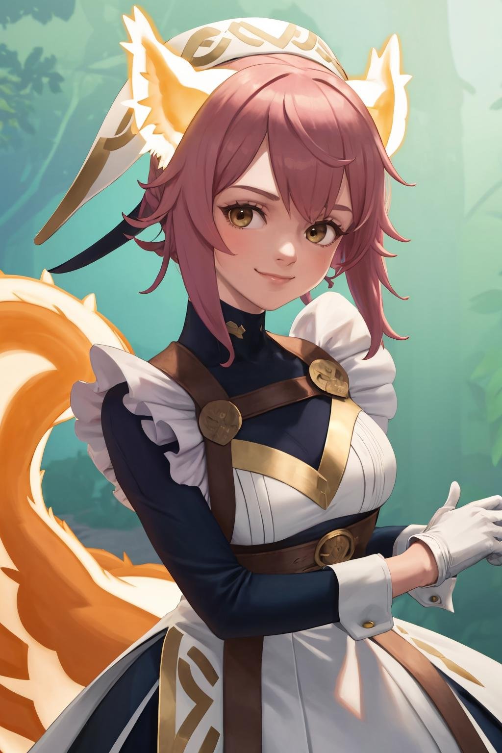 masterpiece, best quality, 1girl, solo, <lora:ratatoskr-fe-richy-v1:1> ratatoskr, headdress, animal ears, dress, apron, white gloves, smirk