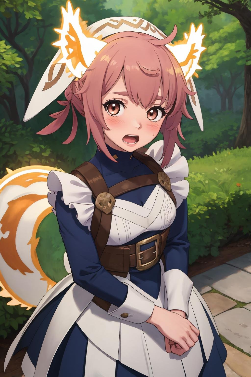 masterpiece, best quality, 1girl, solo, standing, <lora:ratatoskr-fe-richy-v1:1> ratatoskr, headdress, animal ears, dress, apron, open mouth, blush, shy, looking at viewer